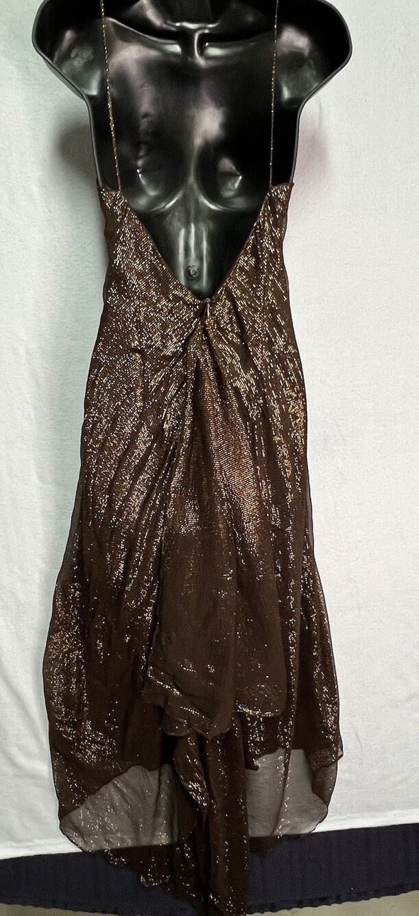 Nicole Miller Silk Lurex Brown Gold Plunge Handkerchief Dress 8 Y2K Fairy Boho - Picture 5 of 8